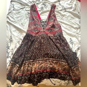Free People Patterned Mini Dress with Lace Up Back Detail, Size L